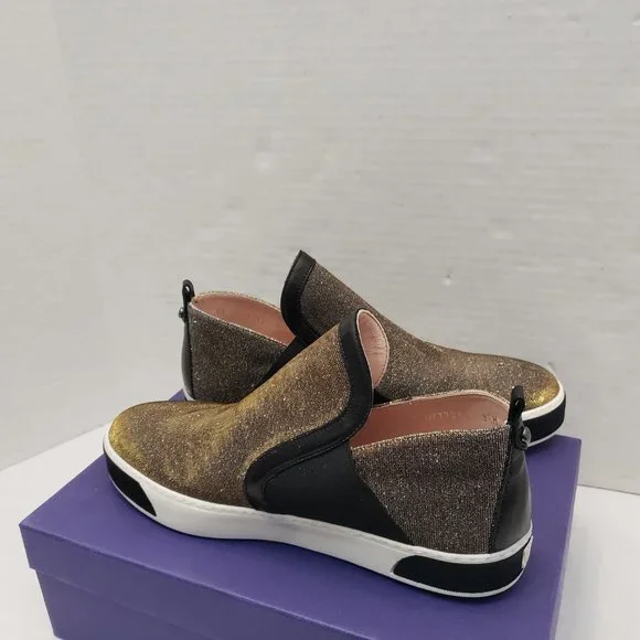 New Stuart Weitzman Shoes Sneakers Metallic Gold Silver Black Flat Slip 9.5 - Picture 5 of 16
